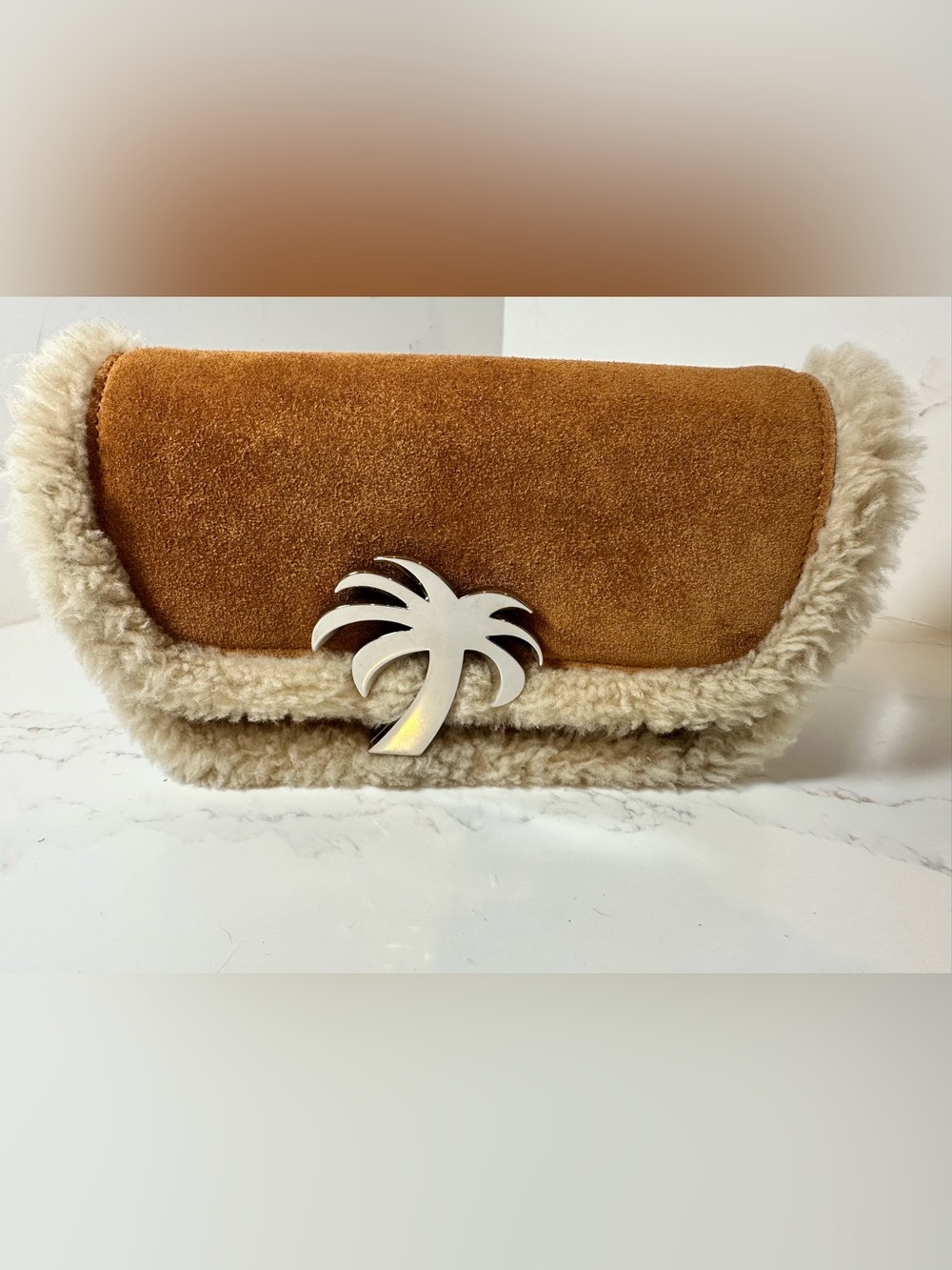 Palm Angels Fur Palm Bridge Crossbody Bag – Suede & Faux Shearling